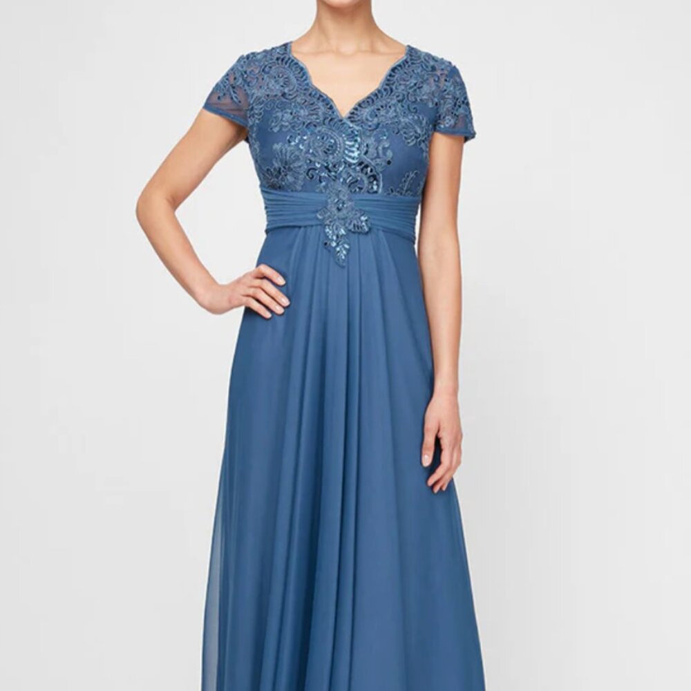 Alex Evenings Petite Long Mother of the Bride Formal A Line Dress (Blue, 8P)